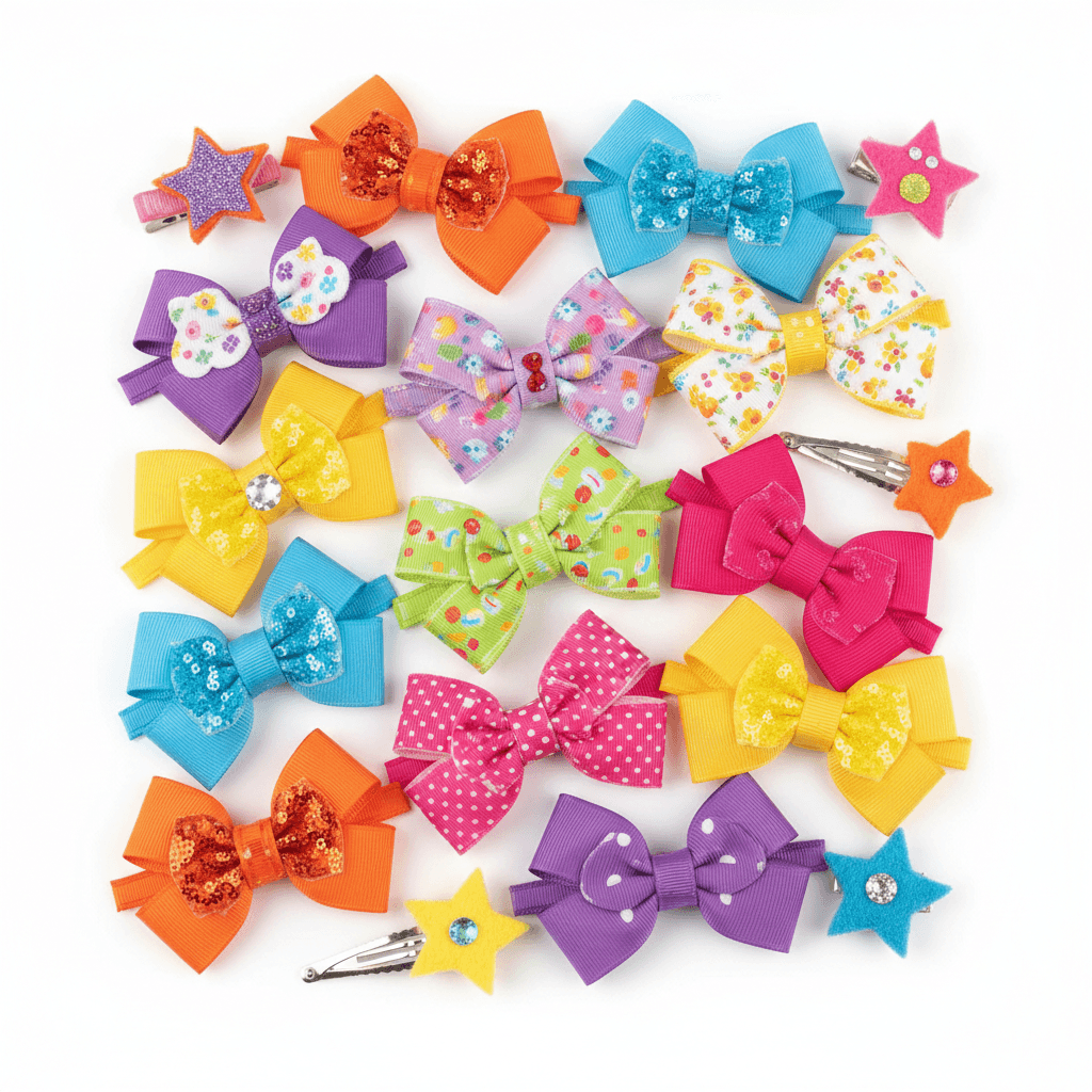 Assorted handmade children's hair bows in multiple colors and styles